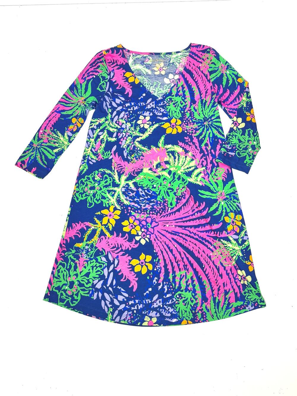 Lilly Pulitzer Erin Dress in Indigo All Aglow Print V Neck 3/4 Sleeve XS